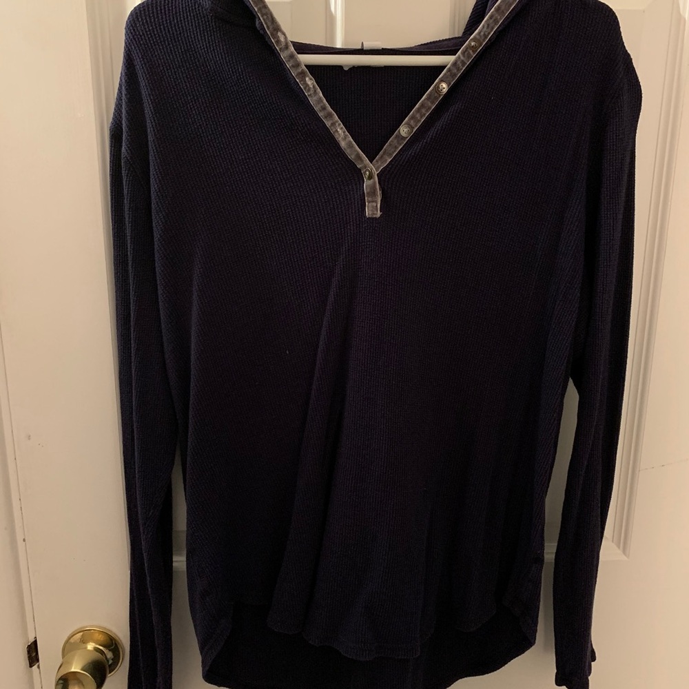 Button V-Neck Navy Cotton Pullover